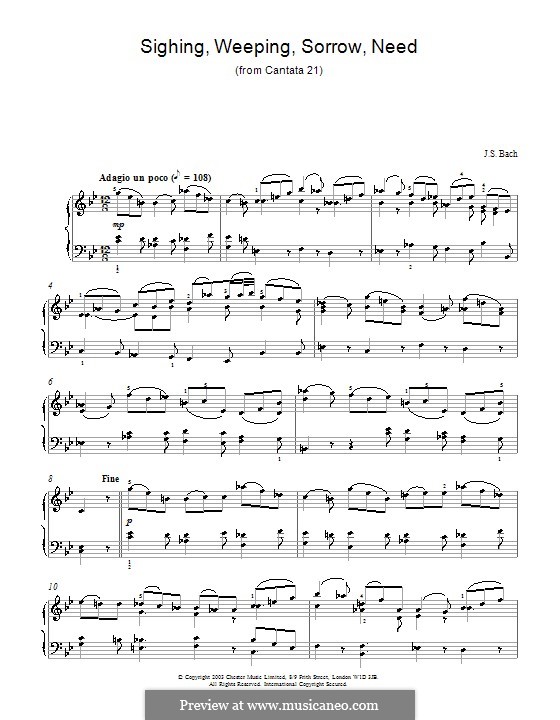 Ich hatte viel Bekümmernis, BWV 21: Sighing, Weeping, Sorrow, Need (Seufzer, Tränen, Kummer), for piano by Johann Sebastian Bach