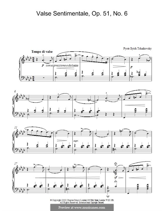 Six Pieces for Piano, TH 143 Op.51: No.6 Sentimental Waltz by Pyotr Tchaikovsky