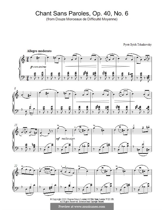 Twelve Pieces , TH 138 Op.40: No.6 Song without Words by Pyotr Tchaikovsky