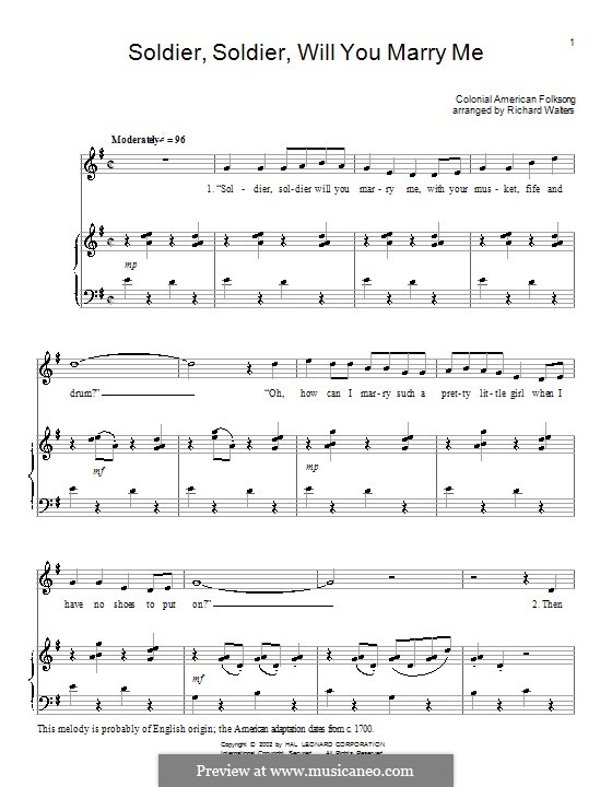 Soldier, Soldier Will You Marry Me: For voice and piano (or guitar) by folklore