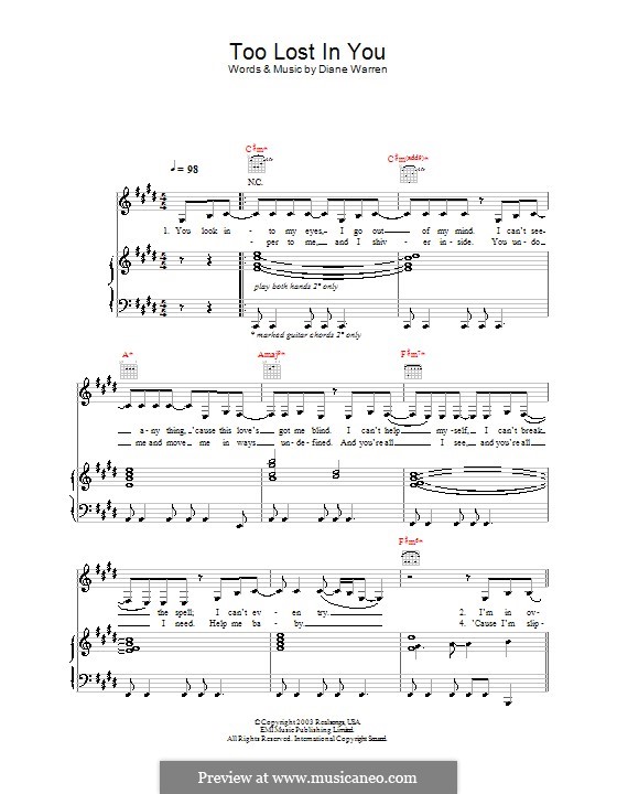 Too Lost in You (Sugababes): For voice and piano (or guitar) by Diane Warren