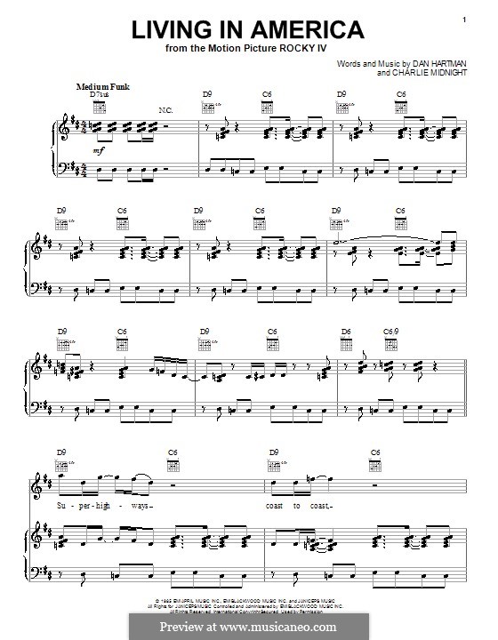 Living in America (from Rocky): For voice and piano (or guitar) by Charlie Midnight, Dan Hartman