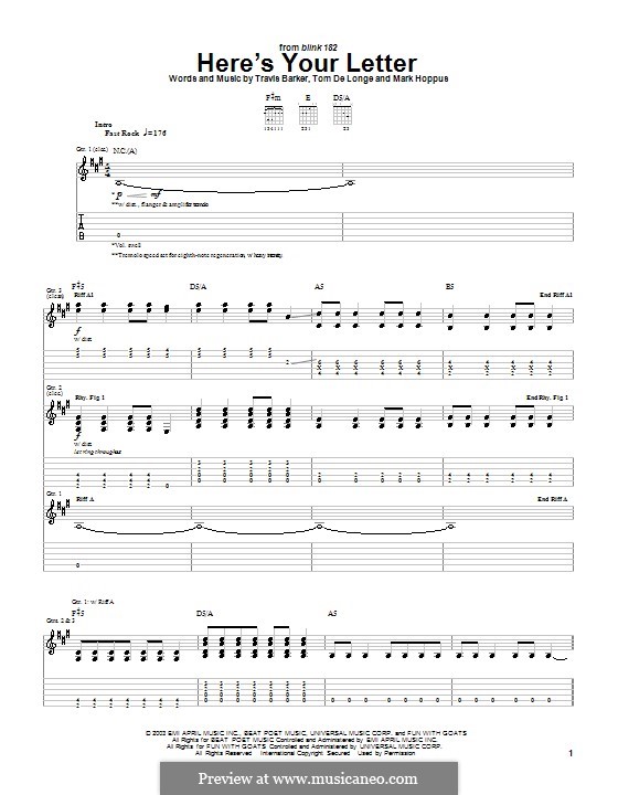 Here's Your Letter (Blink-182): For guitar by Mark Hoppus, Tom DeLonge, Travis Barker
