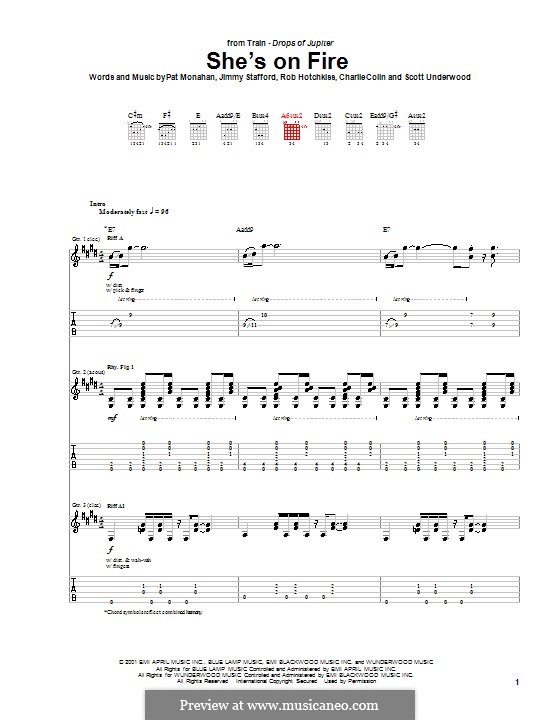 She's on Fire (Train): For guitar with tab by Jimmy Stafford, Patrick Monahan, Rob Hotchkiss