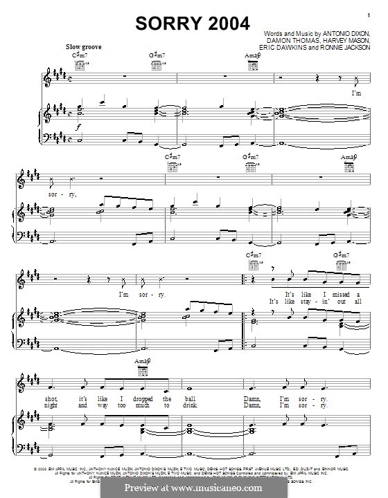 Sorry 2004 (Ruben Studdard): For voice and piano (or guitar) by Antonio Dixon, Damon E. Thomas, Harvey Mason Jr.