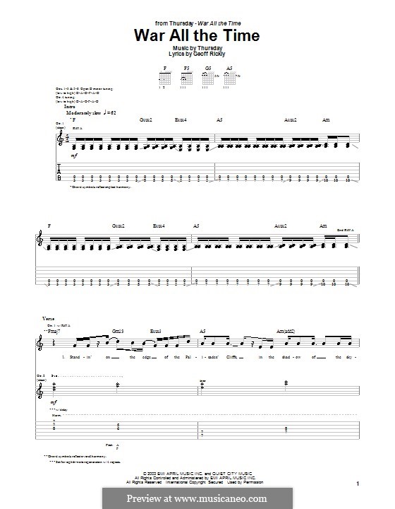 War All the Time (Thursday): For guitar with tab by Geoff Rickly