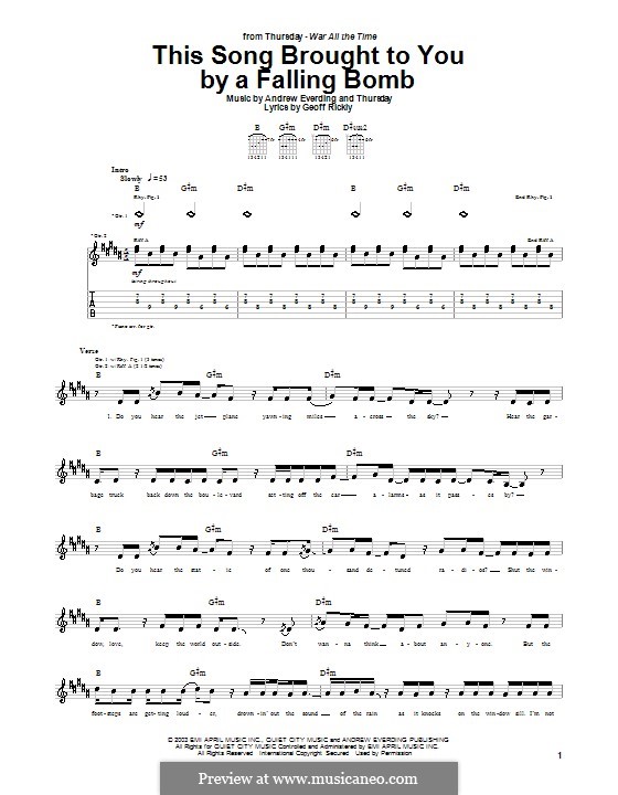 This Song Brought to You By a Falling Bomb (Thursday): For guitar with tab by Andrew Everding, Geoff Rickly
