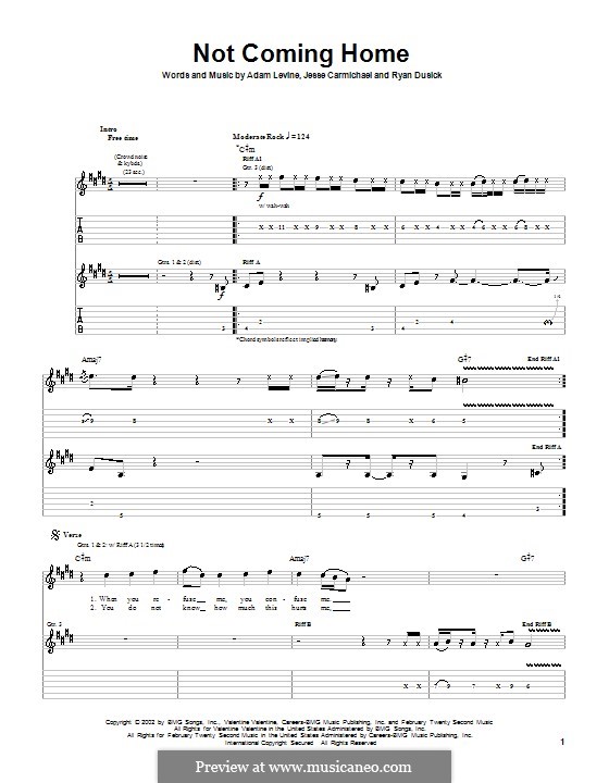 Not Coming Home (Maroon 5): For guitar with tab by Adam Levine, Jesse Carmichael, Ryan Dusick