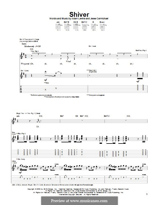 Shiver (Maroon 5): For guitar with tab by Adam Levine, Jesse Carmichael