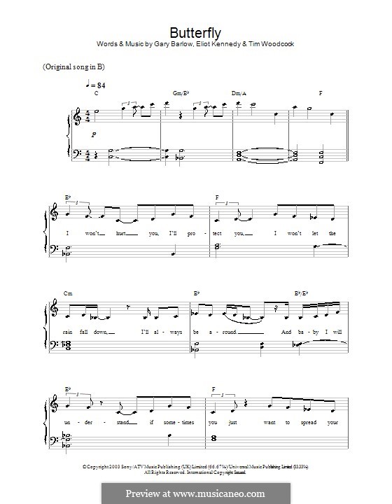 Butterfly: For easy piano by Eliot Kennedy, Gary Barlow, Timothy Woodcock