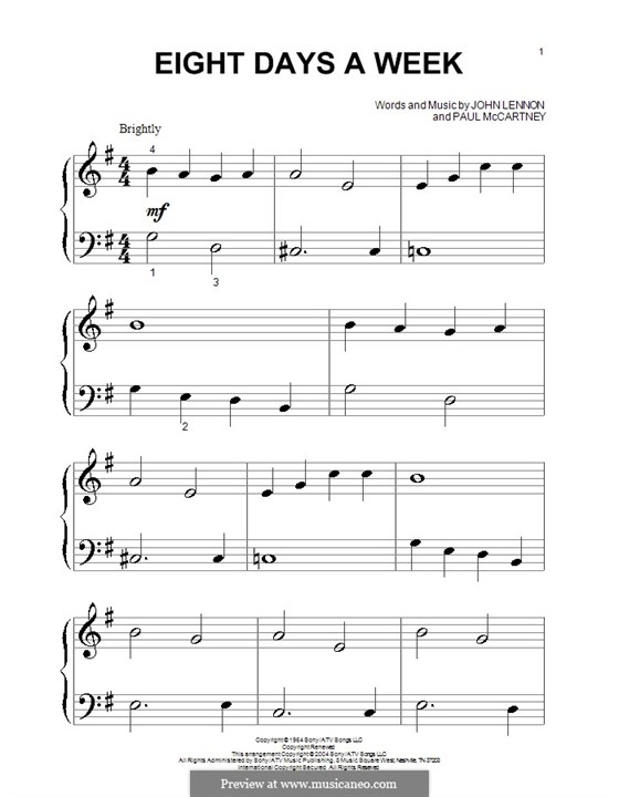 Eight Days a Week (The Beatles): For piano (very easy version) by John Lennon, Paul McCartney