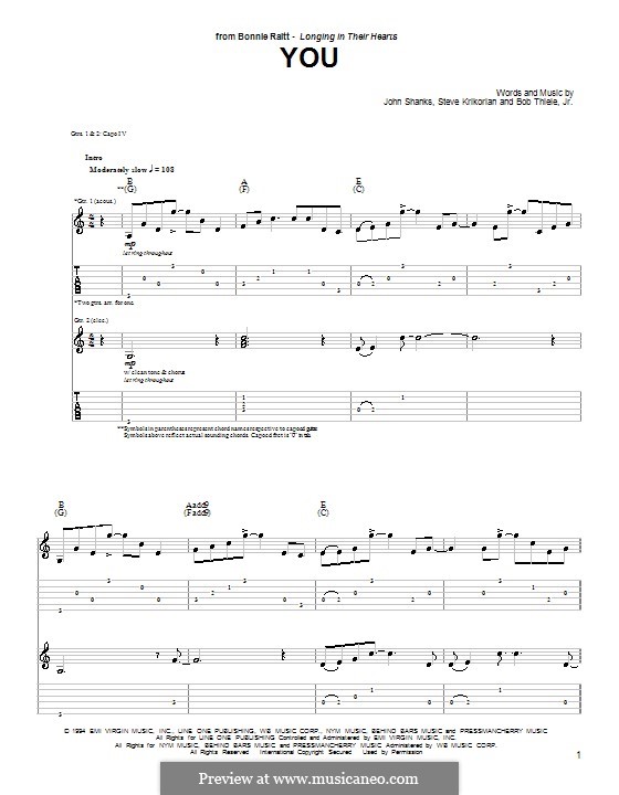 You (Bonnie Raitt): For guitar with tab by Bob Thiele, John M Shanks, Steven Krikorian