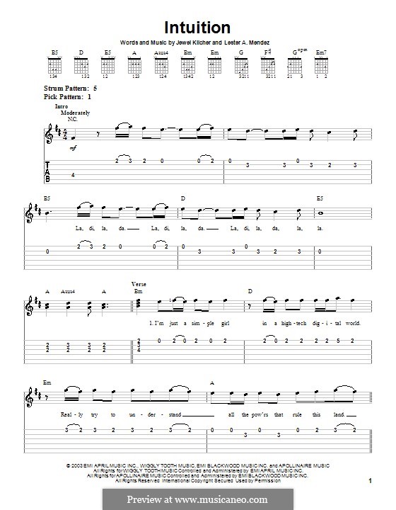 Intuition (Jewel): For guitar (very easy version) by Jewel Kilcher, Lester A. Mendez