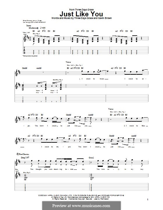 Just Like You (Three Days Grace): For guitar with tab by Gavin Brown