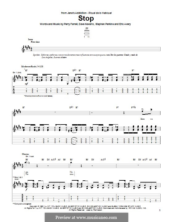 Stop (Jane's Addiction): For guitar with tab by Dave Navarro, Perry Farrell, Stephen Perkins