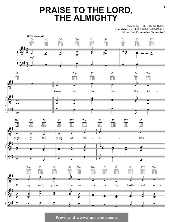Praise to the Lord, the Almighty: For voice and piano (or guitar) by Unknown (works before 1850)