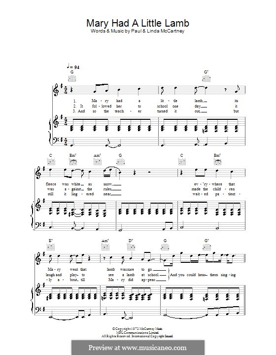 Mary Had a Little Lamb (Wings): For voice and piano (or guitar) by Linda McCartney, Paul McCartney