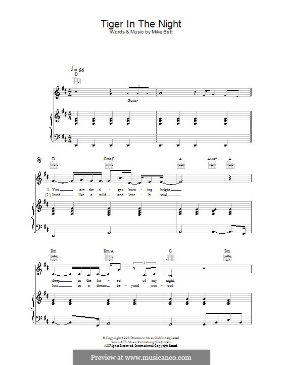 Tiger in the Night (Katie Melua): For voice and piano (or guitar) by Mike Batt