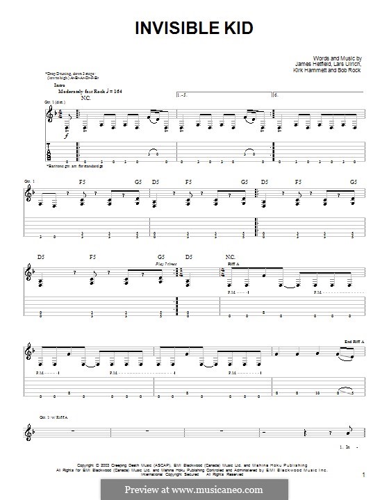 Invisible Kid (Metallica): For guitar (very easy version) by Bob Rock, James Hetfield, Kirk Hammett, Lars Ulrich