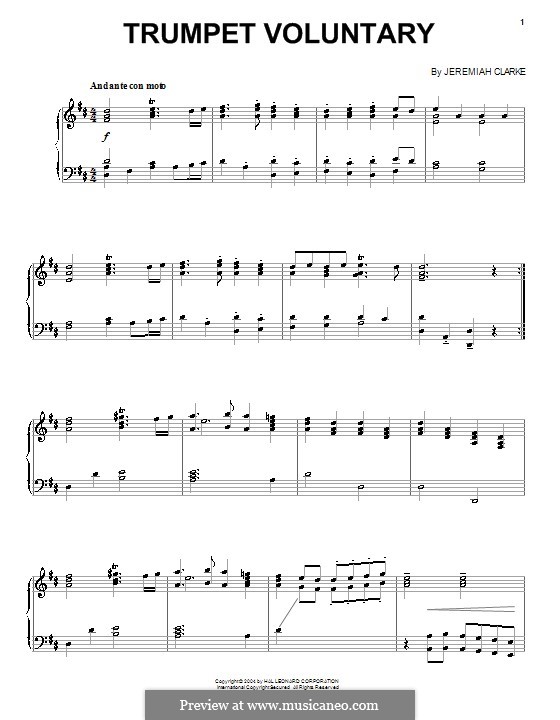 Prince of Denmark's March (Trumpet Voluntary), printable scores: For piano by Jeremiah Clarke