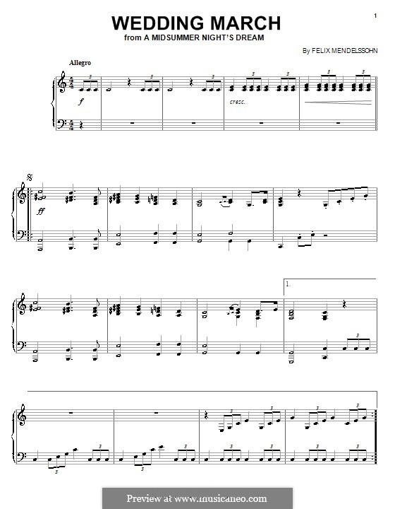 Wedding March (Printable Scores): For piano by Felix Mendelssohn-Bartholdy
