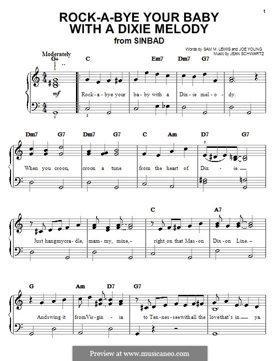 Rock-a-Bye Your Baby with a Dixie Melody (Al Jolson): For easy piano by Jean Schwartz