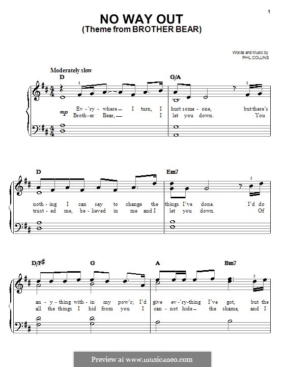No Way Out (Theme from Walt Disney's Brother Bear): For easy piano by Phil Collins