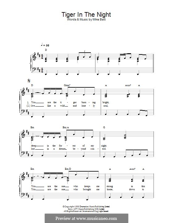 Tiger in the Night (Katie Melua): For easy piano by Mike Batt