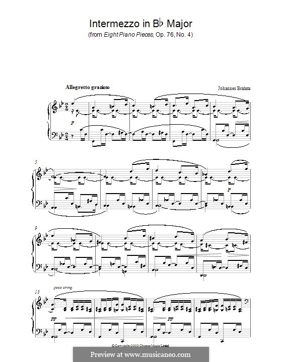 Eight Pieces, Op.76: No.4 Intermezzo in B Flat Major by Johannes Brahms