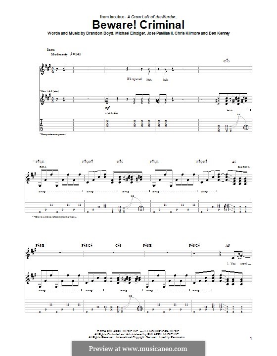 Beware! Criminal (Incubus): For guitar with tab by Brandon Boyd, Jose Pasillas II, Michael Einziger