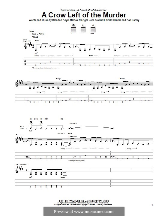 A Crow Left of the Murder (Incubus): For guitar with tab by Brandon Boyd, Jose Pasillas II, Michael Einziger