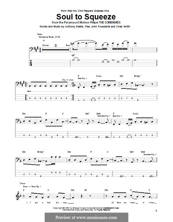 Soul to Squeeze (Red Hot Chili Peppers): For bass guitar with tab by Flea, Anthony Kiedis, Chad Smith, John Frusciante