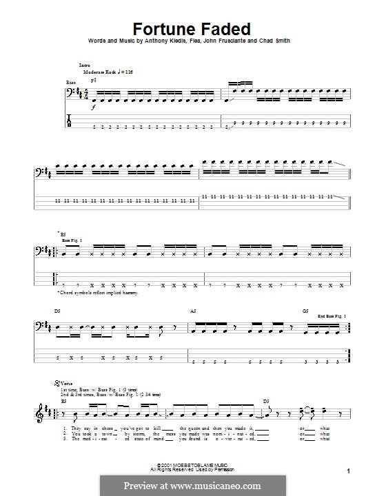 Fortune Faded (Red Hot Chili Peppers): For bass guitar with tab by Flea, Anthony Kiedis, Chad Smith, John Frusciante