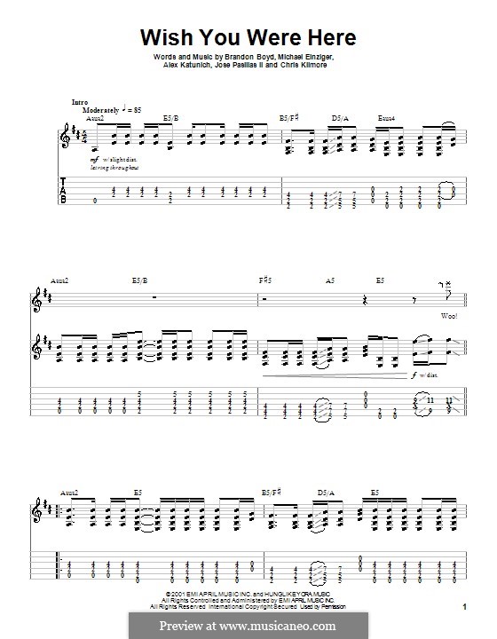 Wish You Were Here (Incubus): For guitar with tab by Alex Katunich, Brandon Boyd, Michael Einziger