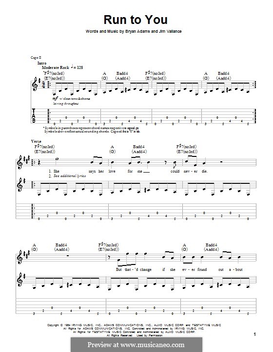 Run To You: For guitar with tab by Jim Vallance