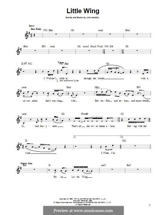 Little Wing: Melody line, lyrics and chords by Jimi Hendrix