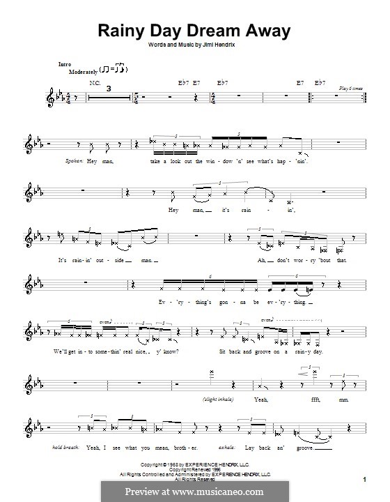 Rainy Day Dream Away: Melody line, lyrics and chords by Jimi Hendrix