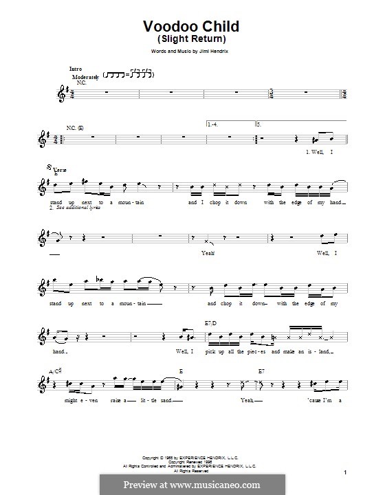 Voodoo Child (Slight Return): Melody line, lyrics and chords by Jimi Hendrix