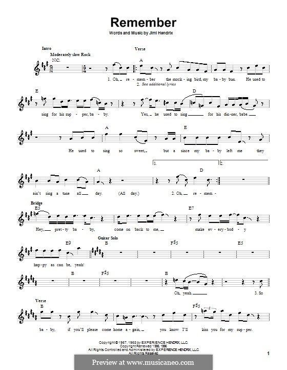 Remember: Melody line, lyrics and chords by Jimi Hendrix