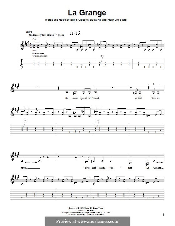 La Grange (ZZ Top): For guitar with tab by Billy F Gibbons, Dusty Hill, Frank Lee Beard