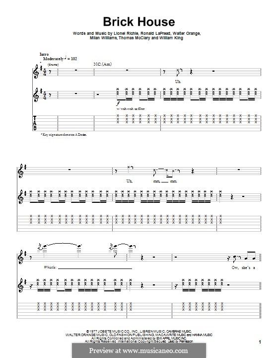 Brick House (The Commodores): For guitar with tab by Lionel Richie, Milan Williams, Ronald LaPread, Thomas McClary, Walter Orange, William King