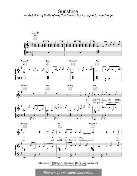 Sunshine (Keane): For voice and piano (or guitar) by James Sanger, Richard Hughes, Tim Rice-Oxley, Tom Chaplin
