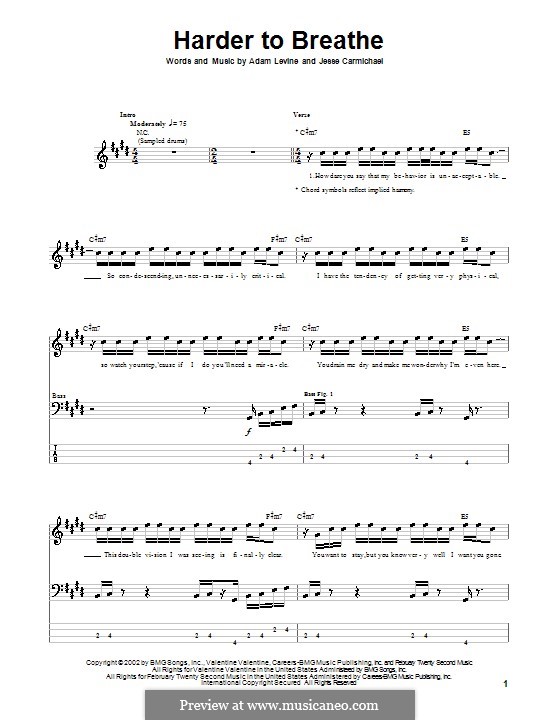 Harder to Breathe (Maroon 5): For bass guitar with tab by Adam Levine, James Valentine, Jesse Carmichael, Mickey Madden, Ryan Dusick