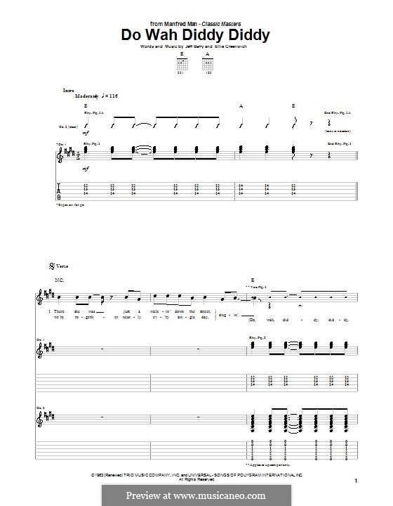 Do Wah Diddy Diddy (Manfred Mann): For guitar with tab by Ellie Greenwich, Jeff Barry