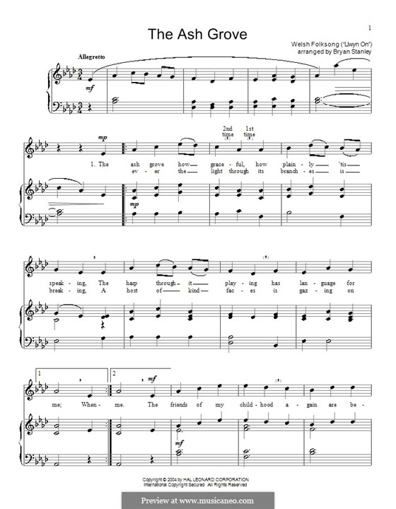 The Ash Grove (printable scores): For voice and piano (or guitar) by folklore