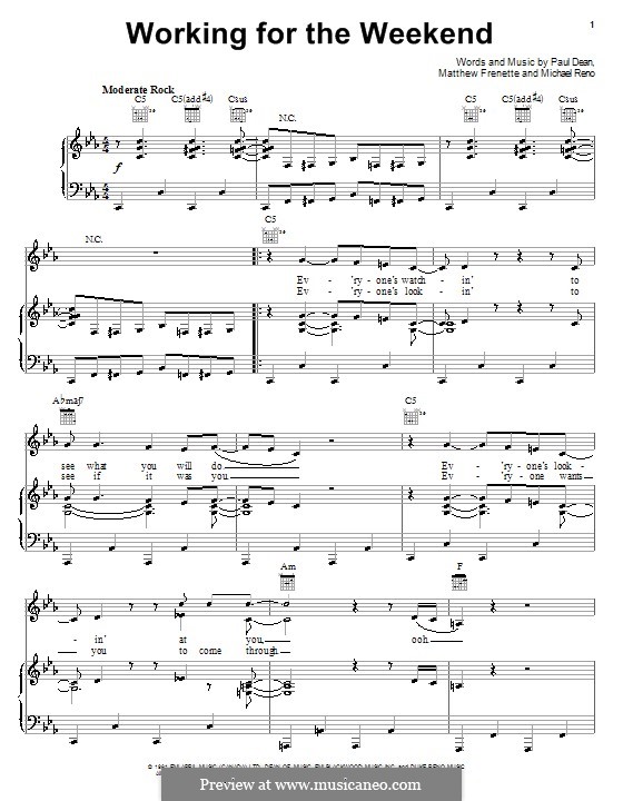 Working for the Weekend (Loverboy): For voice and piano (or guitar) by Matthew Frenette, Michael Reno, Paul Dean