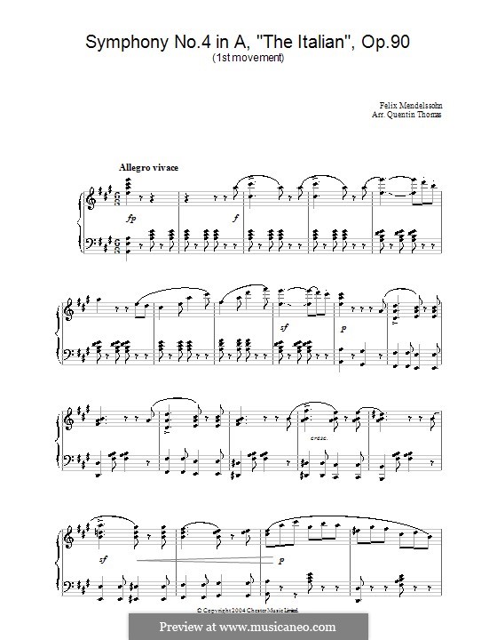 Symphony No.4 in A Major 'Italian', Op.90: Movement I (Fragment), for piano by Felix Mendelssohn-Bartholdy