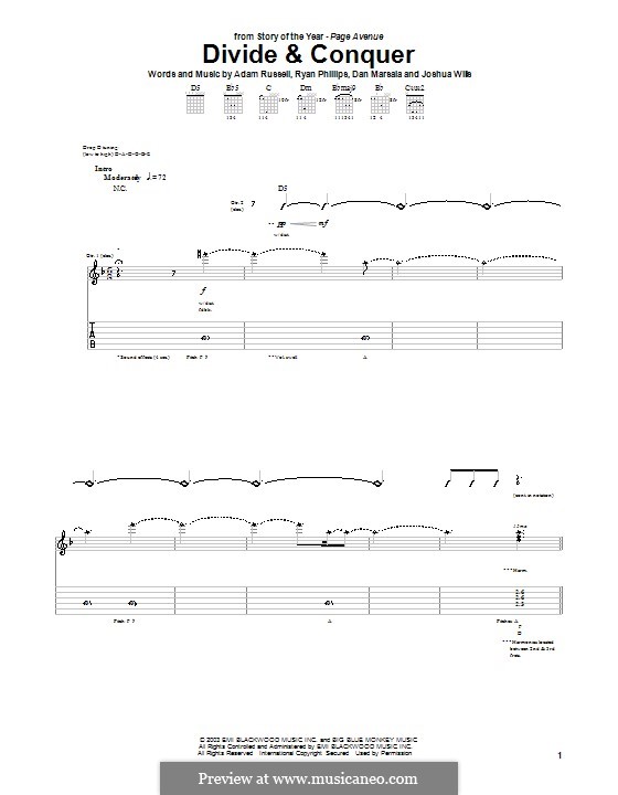 Divide & Conquer (Story of the Year): For guitar with tab by Adam Russell, Dan Marsala, Ryan Phillips