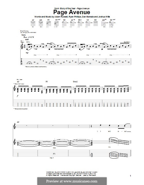 Page Avenue (Story of the Year): For guitar with tab by Adam Russell, Dan Marsala, Ryan Phillips