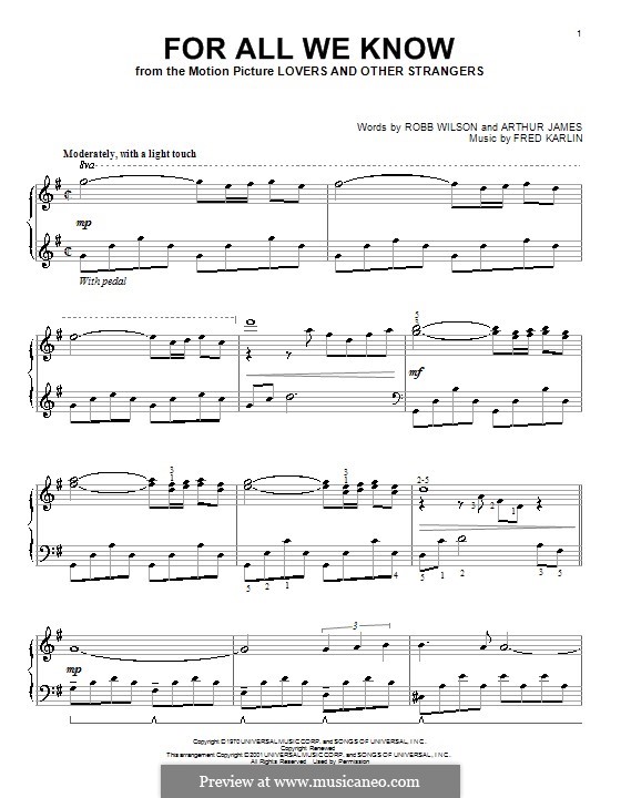 For All We Know (Carpenters): For piano by Fred Karlin, Jimmy Griffin, Robert Wilson